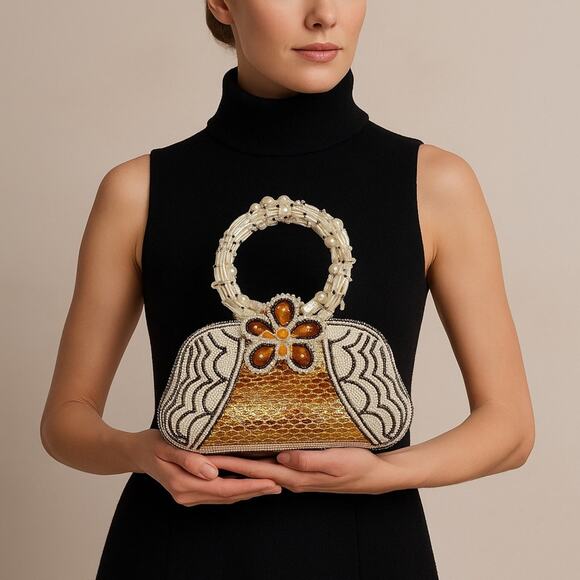 Expressions NYC Beaded Evening Bag Gold & Amber Floral Handle NWT - Picture 9 of 9